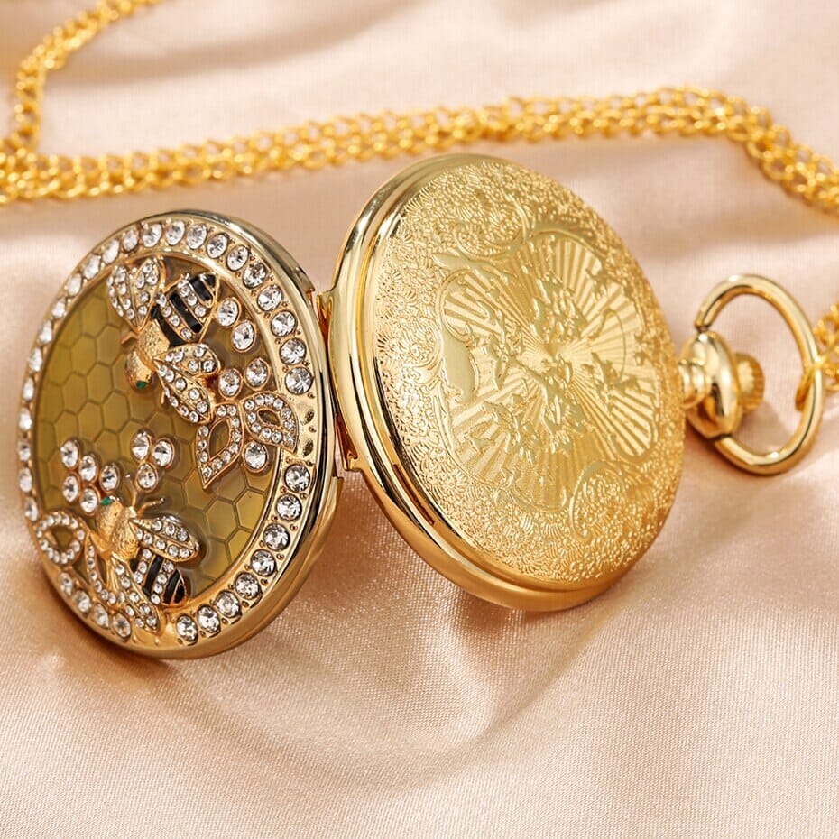 Crystal Diamond Bee Flowers Quartz Pocket Watch NecklaceNecklace