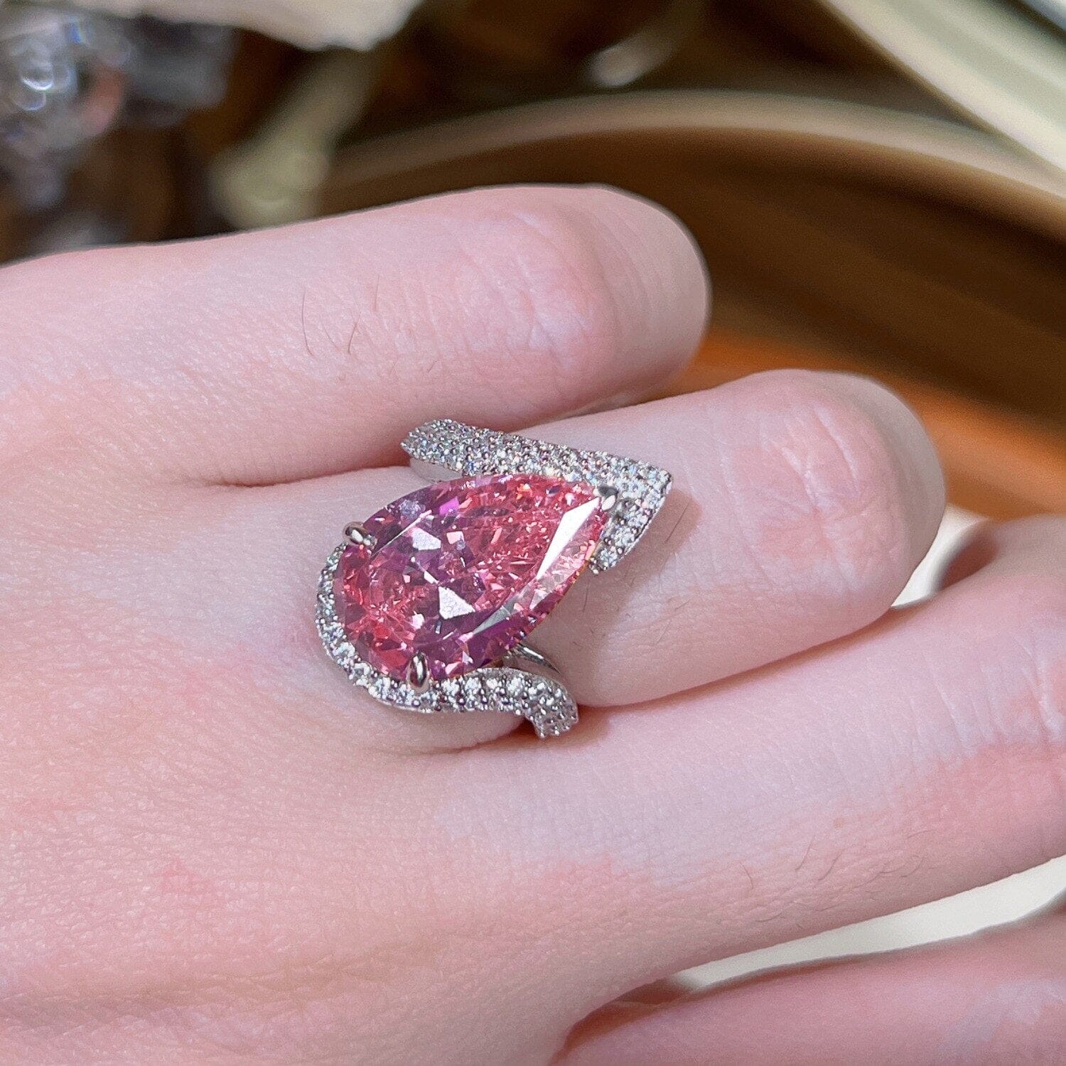 Sparkling Waterdrop Pink Diamond Silver RingRing