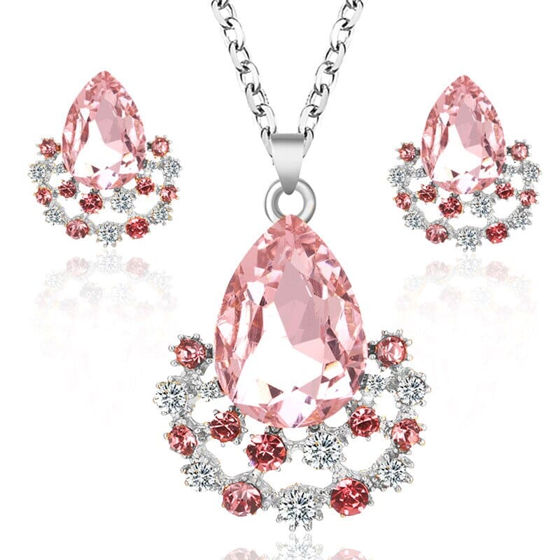 Water Drop Crystal Pendant Necklace Earring SetJewelry SetSilver