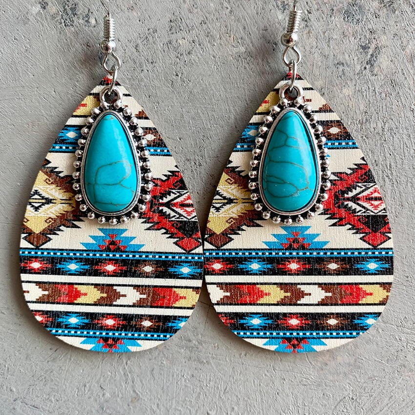 Aztec Pattern Wood Turquoise Teardrop Boho EarringsEarrings3Style