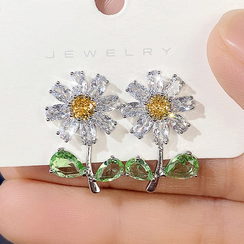 Daisy with Green Leaf Flower Diamond EarringsEarrings