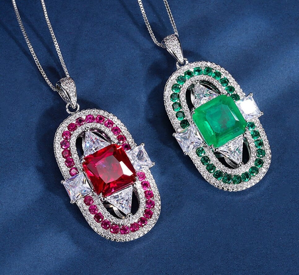 Vintage 12*12mm Emerald Ruby Pendant Cocktail NecklaceNecklace