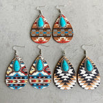 Aztec Pattern Wood Turquoise Teardrop Boho EarringsEarrings