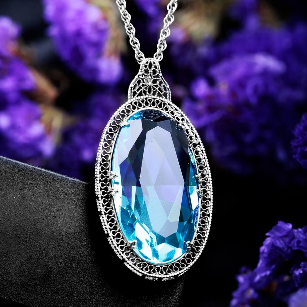 Gothic Style Oval Aquamarine Gemstone Pendant Necklace