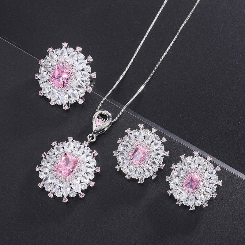 Silver Pink Diamond Necklace, Ring and Earring JewelryJewelry