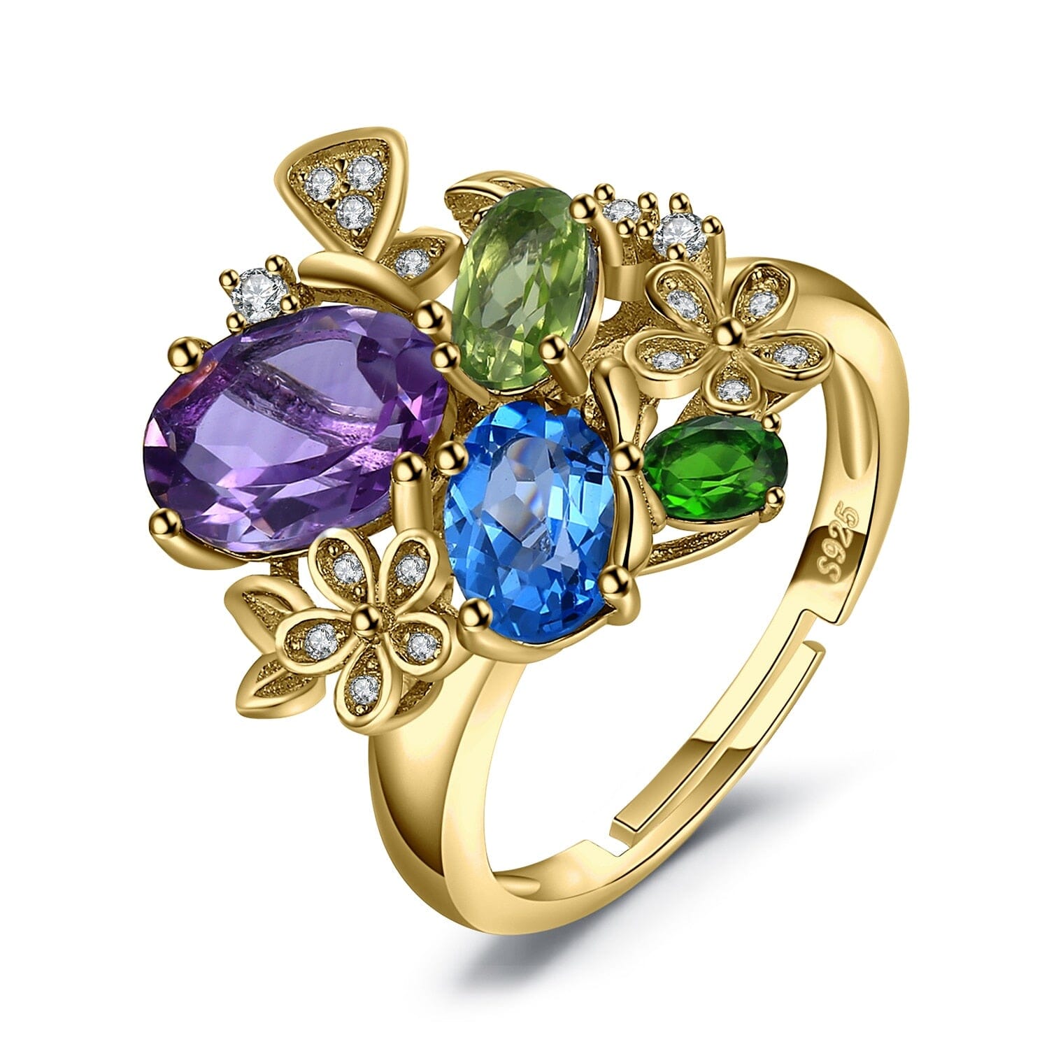 Flower Natural Amethyst Blue Topaz Peridot Chrome Diopside Open Adjustable Cocktail Ring-925 Sterling Silver WomenRingYellow Gold PlatedResizable