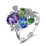 Flower Natural Amethyst Blue Topaz Peridot Chrome Diopside Open Adjustable Cocktail Ring-925 Sterling Silver WomenRing925 Sterling SilverResizable