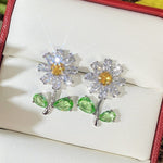 Daisy with Green Leaf Flower Diamond EarringsEarrings