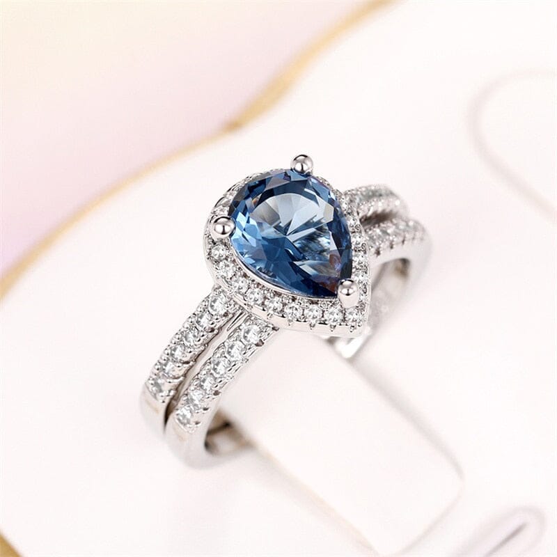 Gorgeous 2Pcs/Set Blue Aquamarine Water Drop Cubic Zirconia Ring