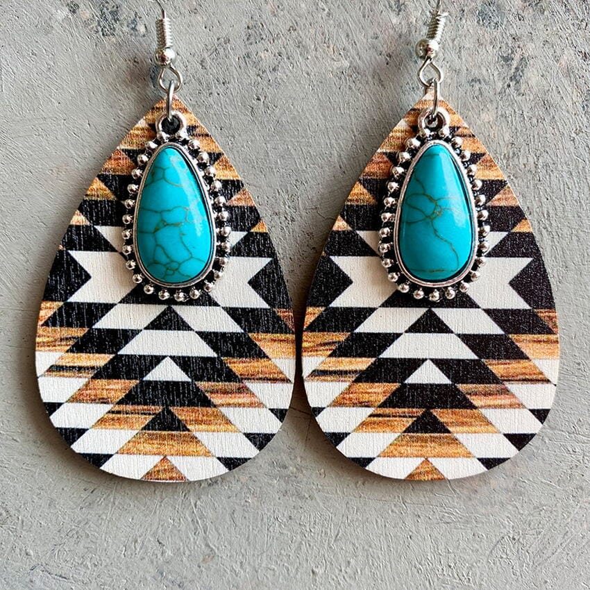 Aztec Pattern Wood Turquoise Teardrop Boho EarringsEarrings2Style