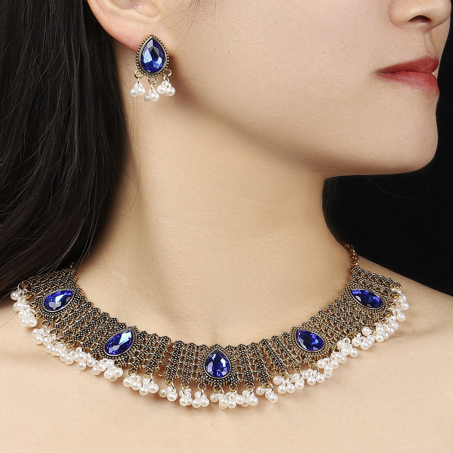 Exaggerated Sapphire Inlaid Fan-shaped Alloy Necklace Earring Set0Blue