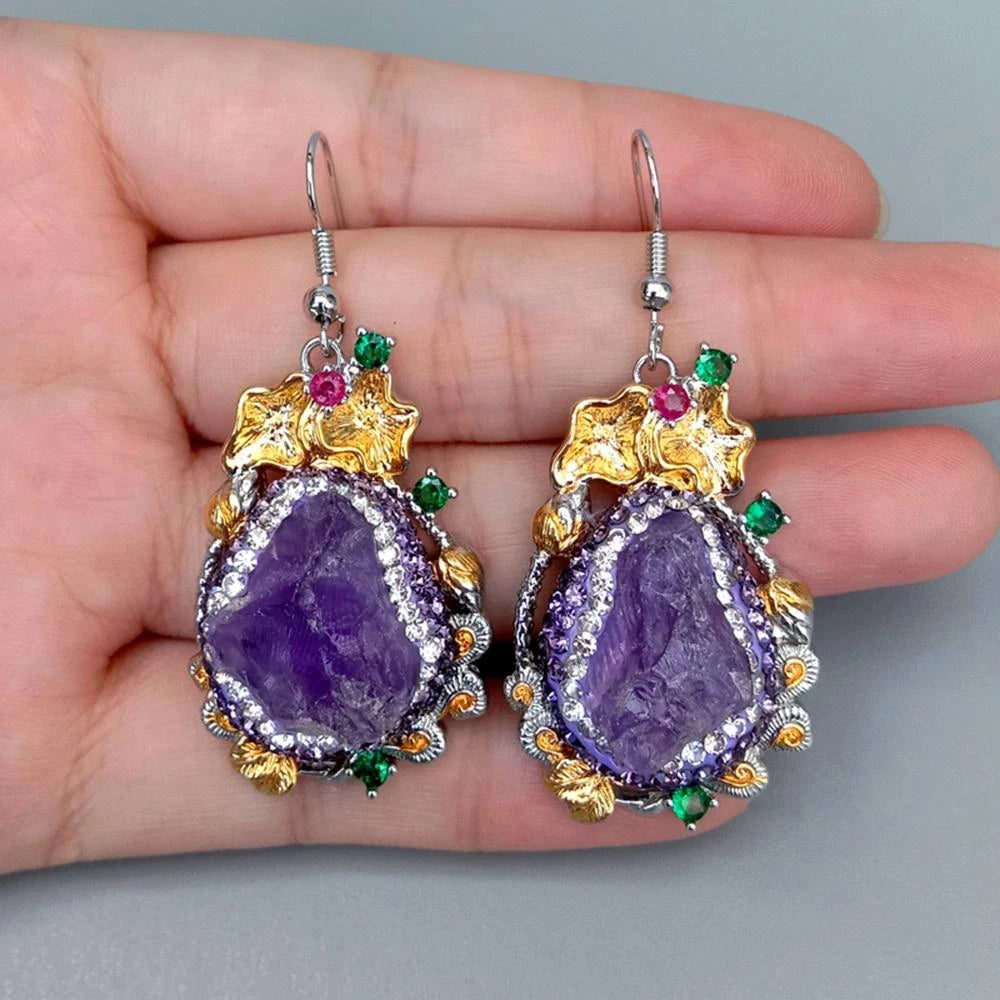 Crystal Purple Amethyst Rough Pave Dangle Hook EarringsEarrings