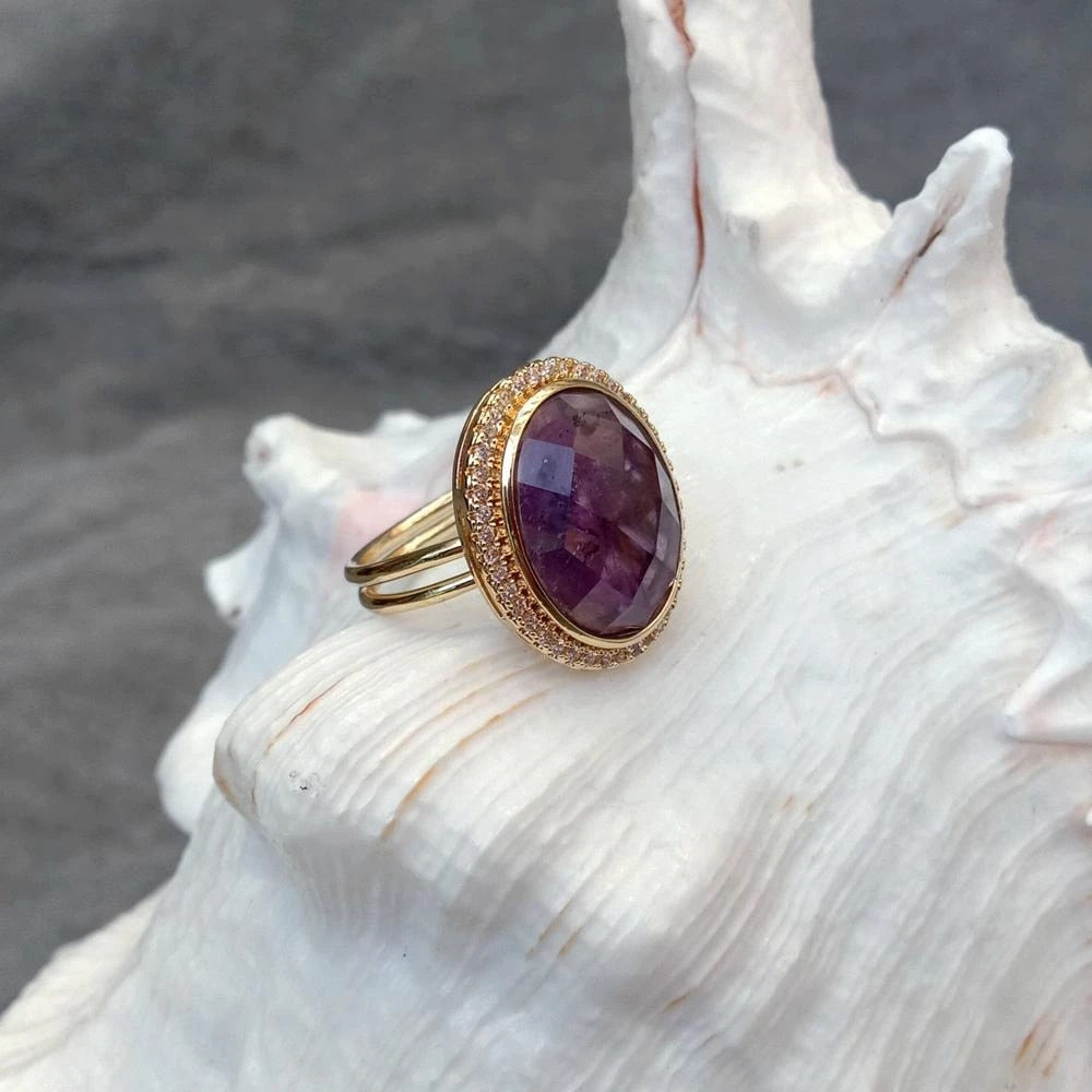 14x18mm Oval Purple Amethyst Rhinestone Pave Adjustable Ring – AtPerry ...