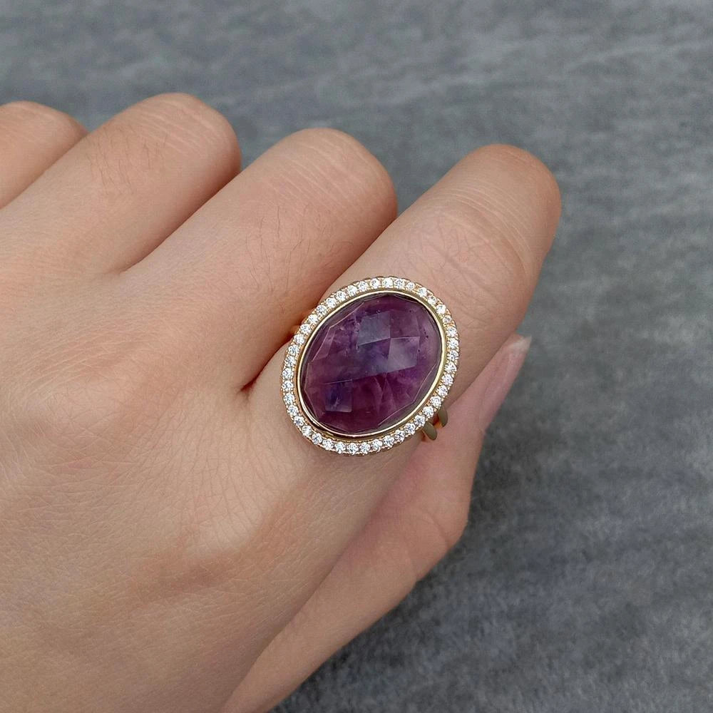 14x18mm Oval Purple Amethyst Rhinestone Pave Adjustable Ring – AtPerry ...