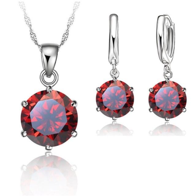 Crystal Earrings & Pendant Necklace - 925 Sterling SilverJewelry SetRed