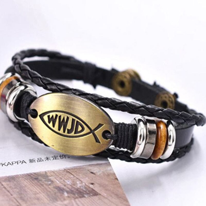 WWJD Fish Leather Bracelet Jesus Religious Braided BraceletBracelet