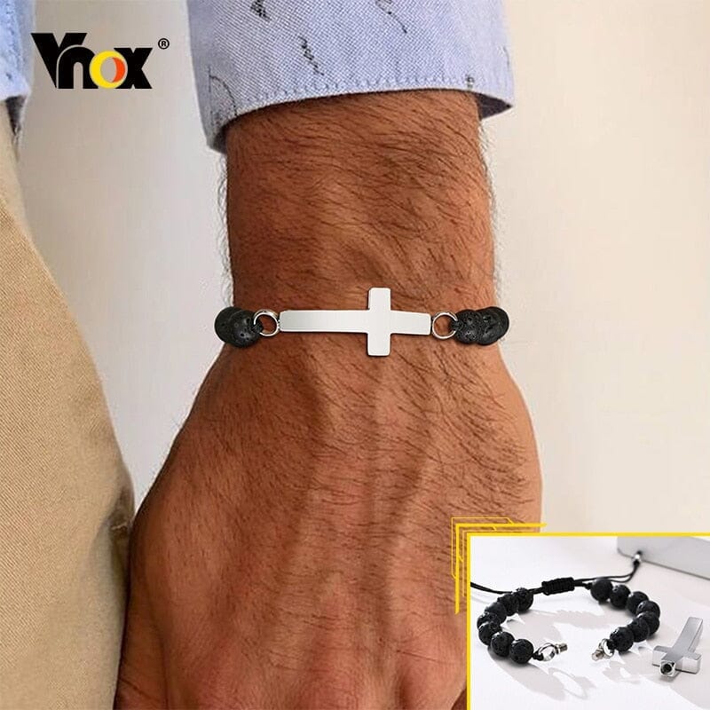 WWJD Simple Cross 8MM Black Volcanic Rock Stone Beads BraceletBracelet