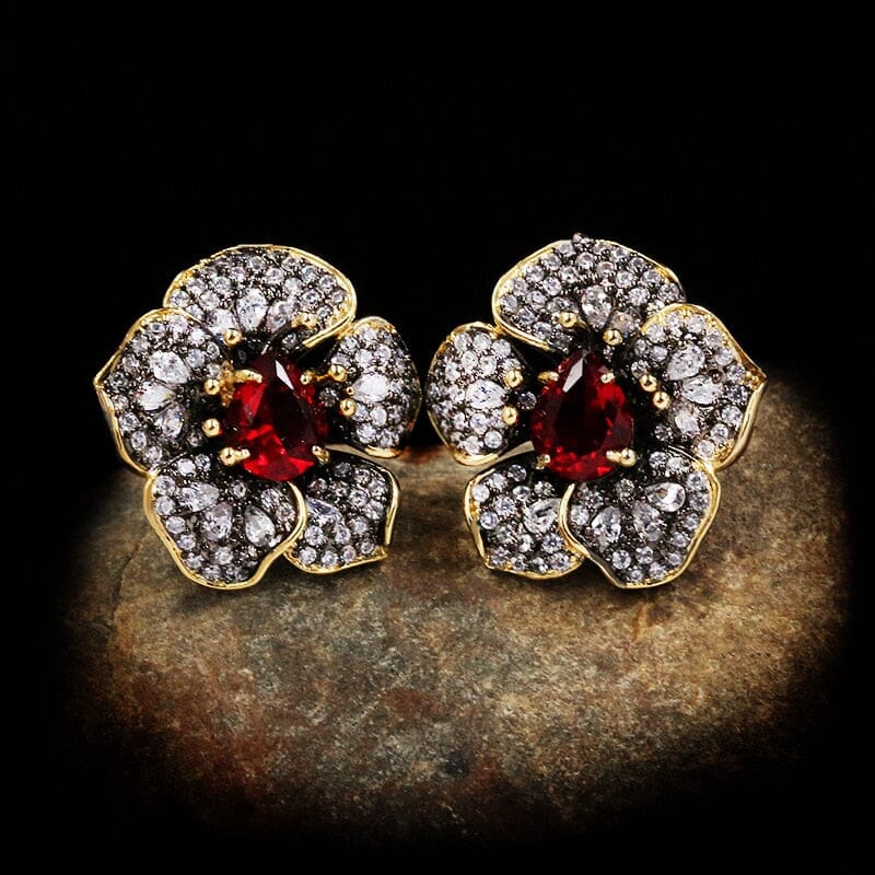Exquisitely Inlaid Colored Ruby Rose Flower Earrings - 925 Sterling SilverEarrings