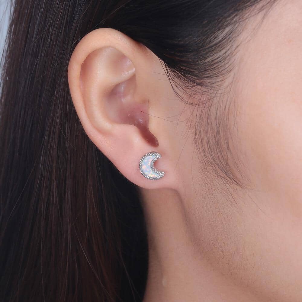 Moon & Star White Fire Opal Stud EarringsEarrings