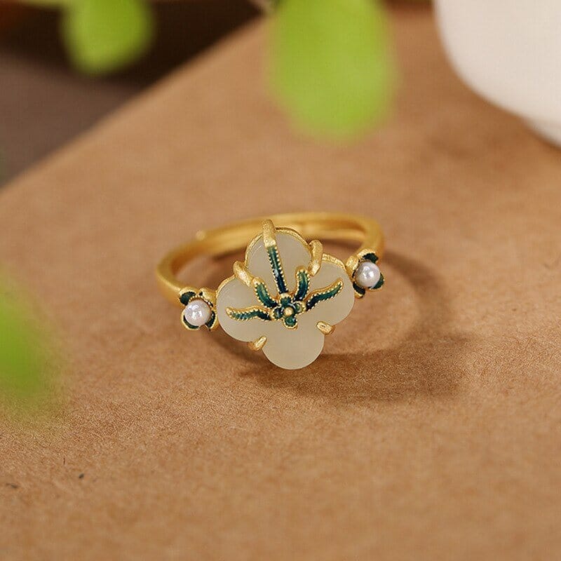 Four-Leaf Clover Enamel Hetian Jade Jewelry Set - S925Necklacering