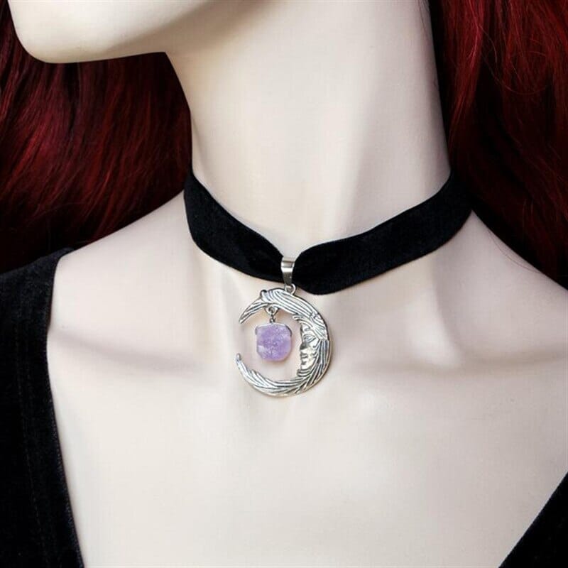Amethyst Crystal Wire Wrapped Moon Gothic NecklaceNecklaceA7