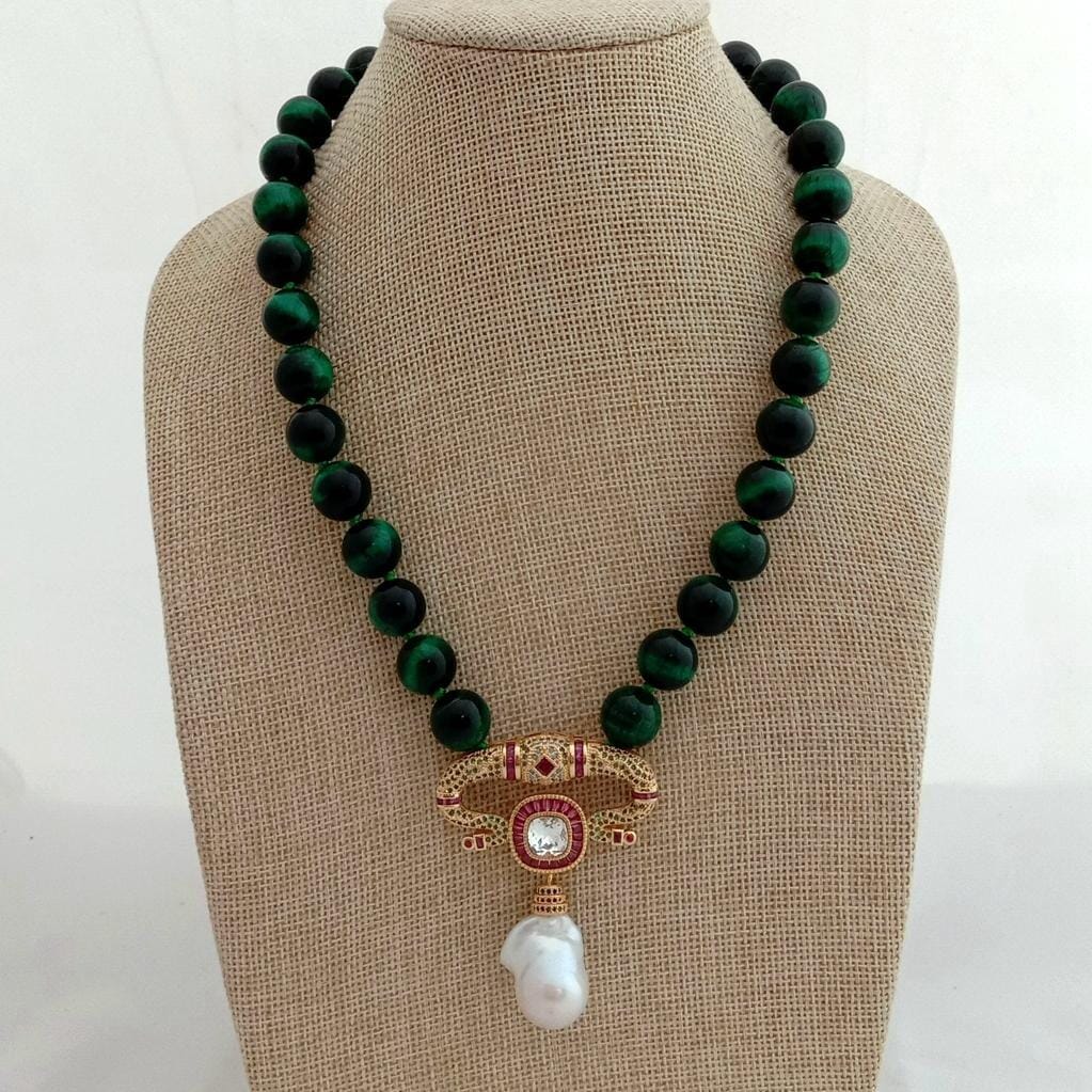 Green Tiger Eye and White Keshi Pearl Pendant NecklaceNecklace