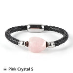 Tiger Eye and other Stones Genuine Leather Stainless Steel Buckle WristbandBraceletPink Crystal S18cm