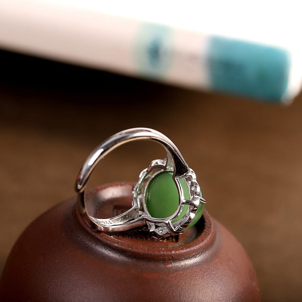 925 Sterling Silver Split Oval Cabochon Green Real Natural Jade Stone Resizable RingRing