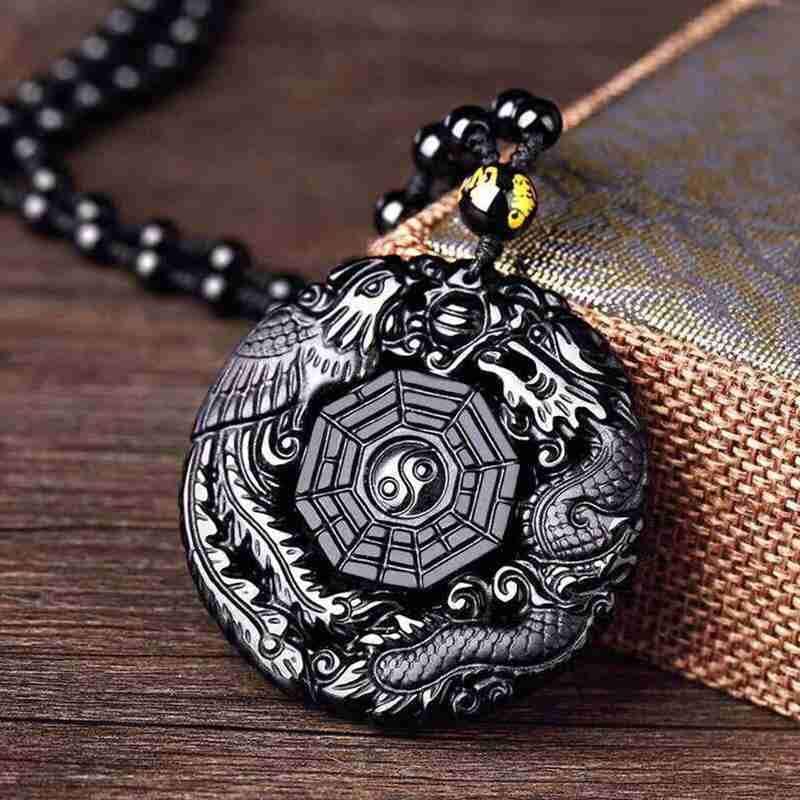 Natural Black Obsidian Hand Carved Chinese Dragon Phoenix BaGua Lucky AmuletNecklace