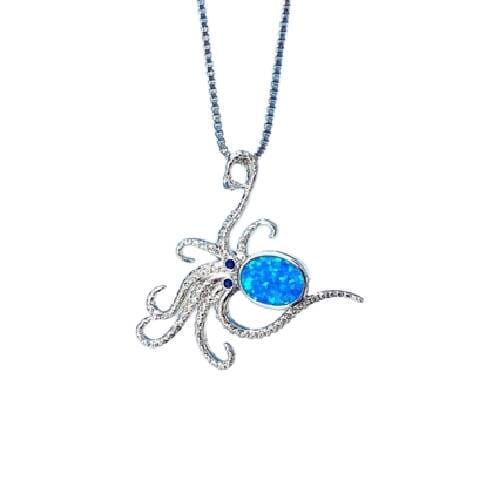 Octopus White Blue Opal Oval Stone Necklace - 925 Sterling SilverNecklace