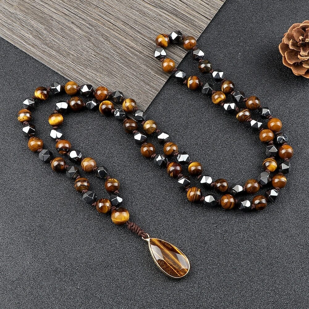 8mm Tiger Eye Stone Necklace Drop Pendant Handmade Knotted Irregular Hematite Beaded NecklaceNecklace