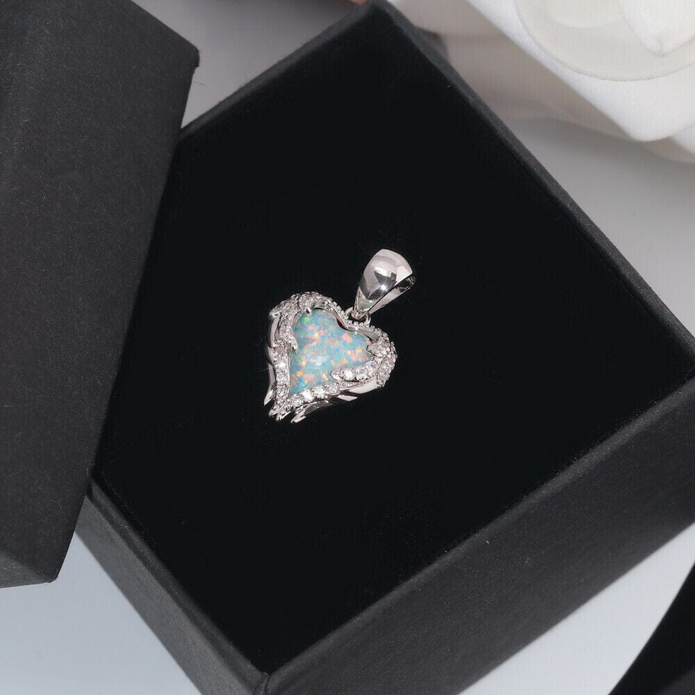 Blue and White Fire Opal Zircon Heart Necklace - 925 Sterling SilverPendant