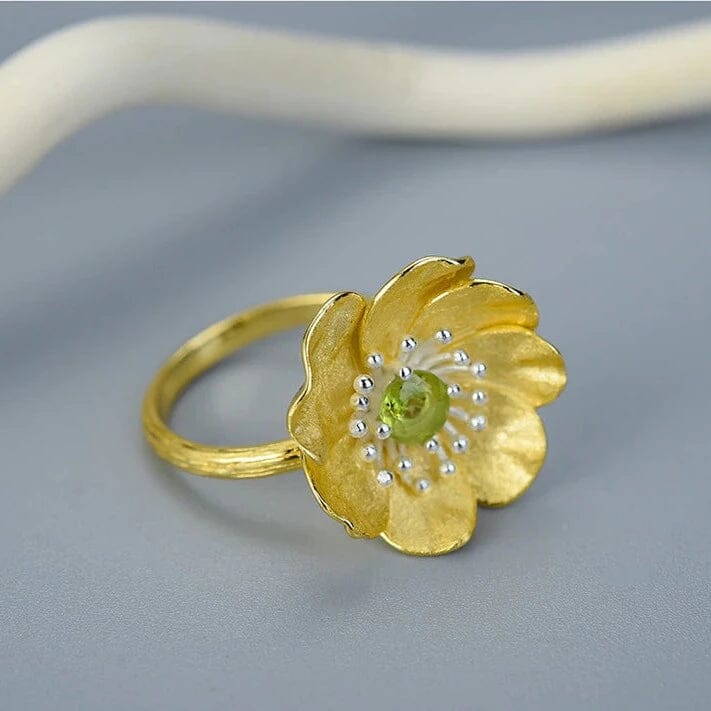 Blooming Anemone Peridot Flower Adjustable Ring - 925 Sterling SilverRing