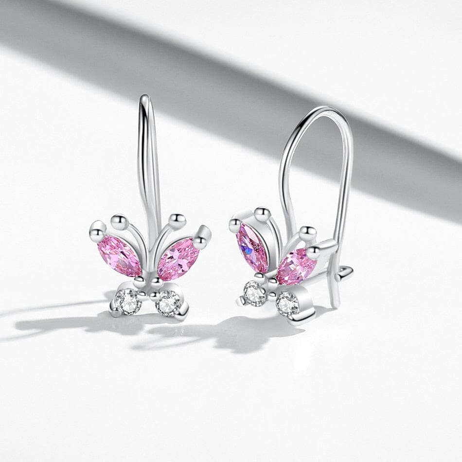 Sparkling Pink Sapphire Cute Butterfly Hoop Earrings - 925 Sterling SilverEarrings