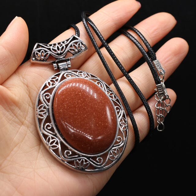 Natural Stone Oval Shape Pendant NecklaceHealing CrystalsGold Sand