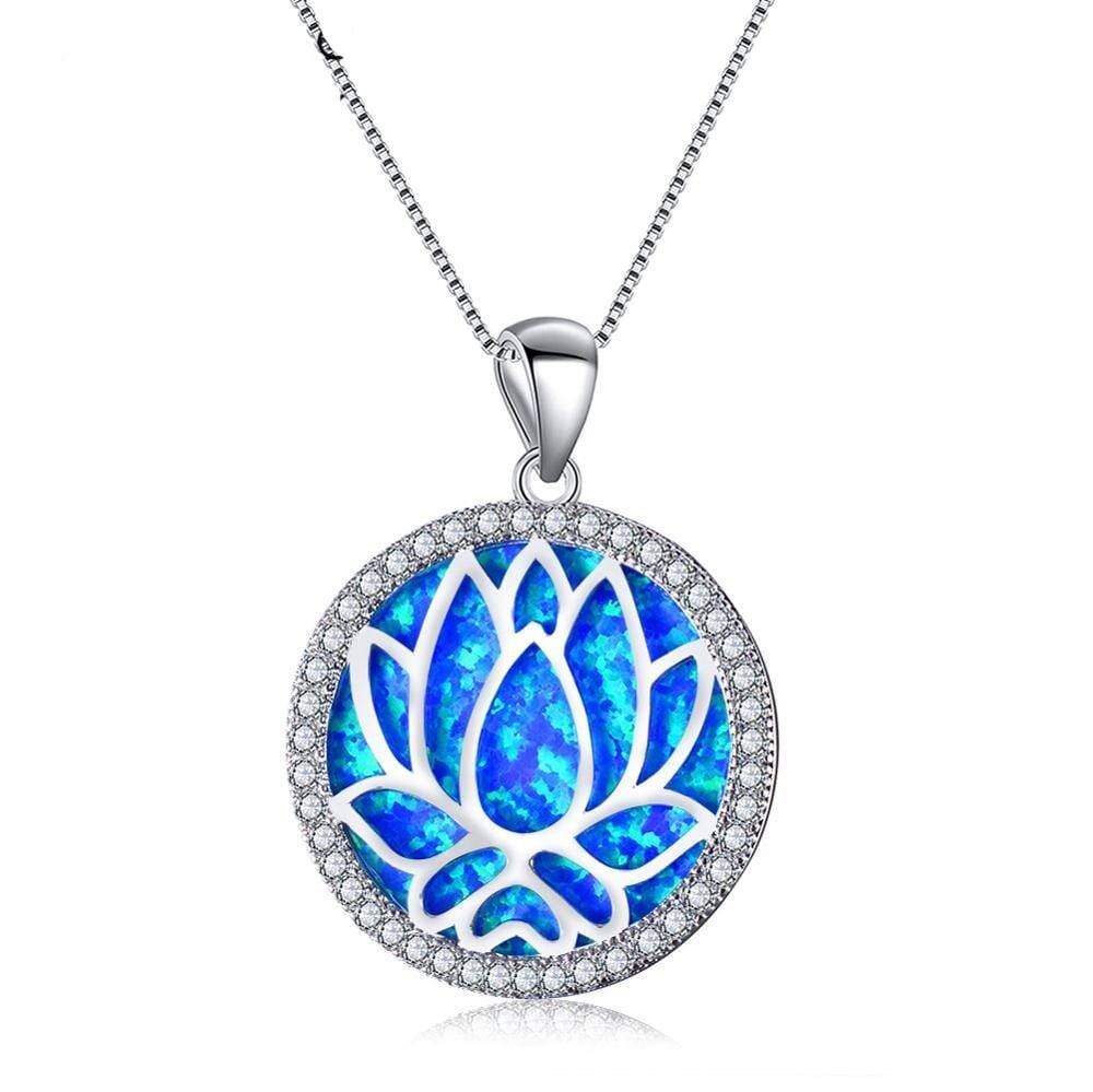 Hollow Lotus Flower White/Blue Fire Opal Round Pendant NecklaceNecklaceBlue Opal