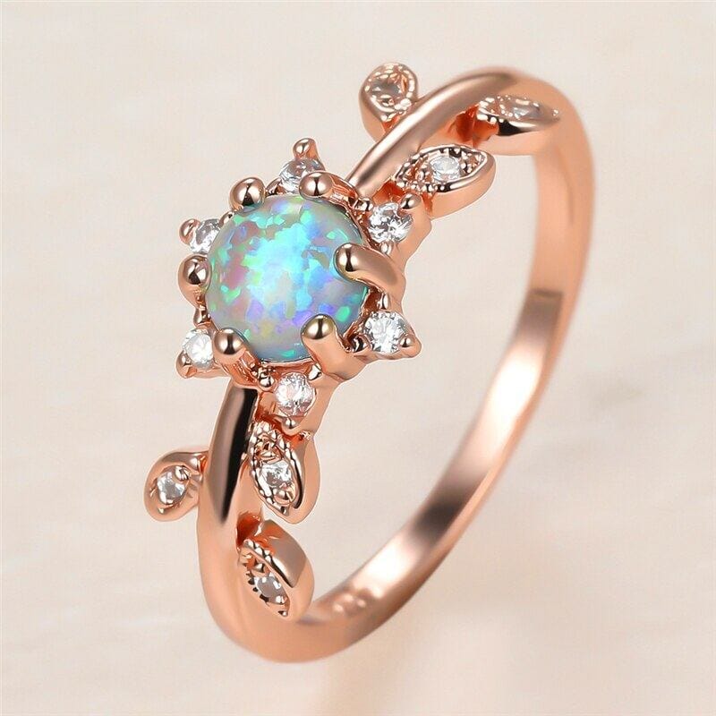 Luxury Bride Crystal Leaf White Round Opal Rose Gold Ring - 925 Sterling SilverRing
