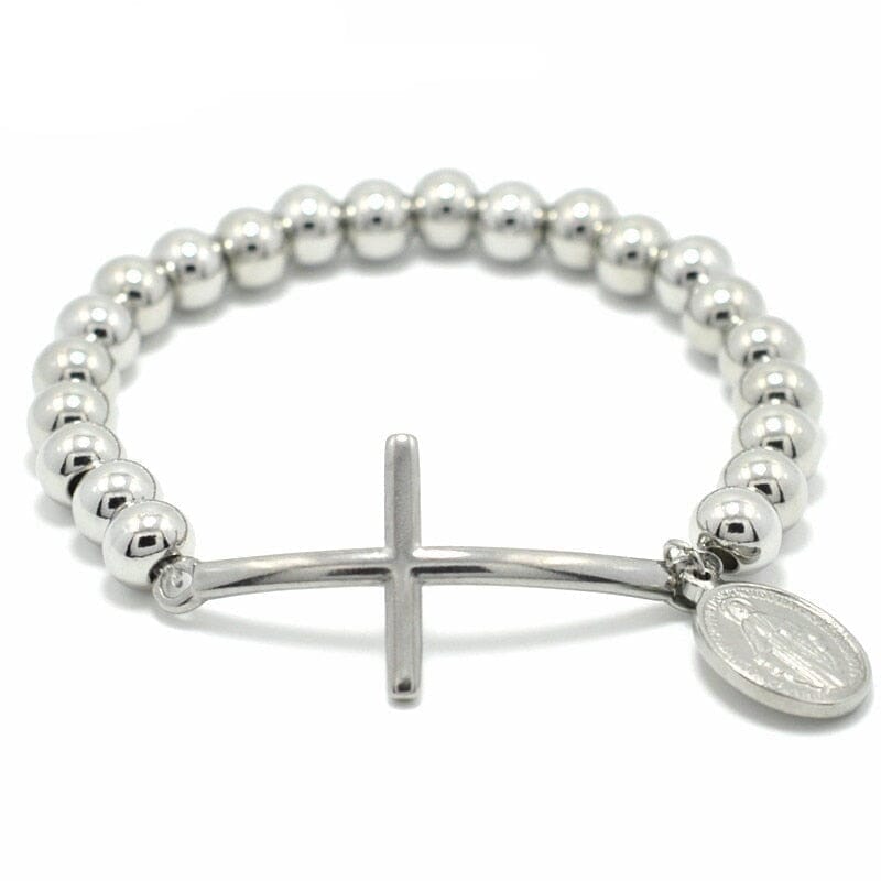 WWJD Virgin Mary Rosary Cross Stretch Strand Stainless Steel BraceletBraceletsilver