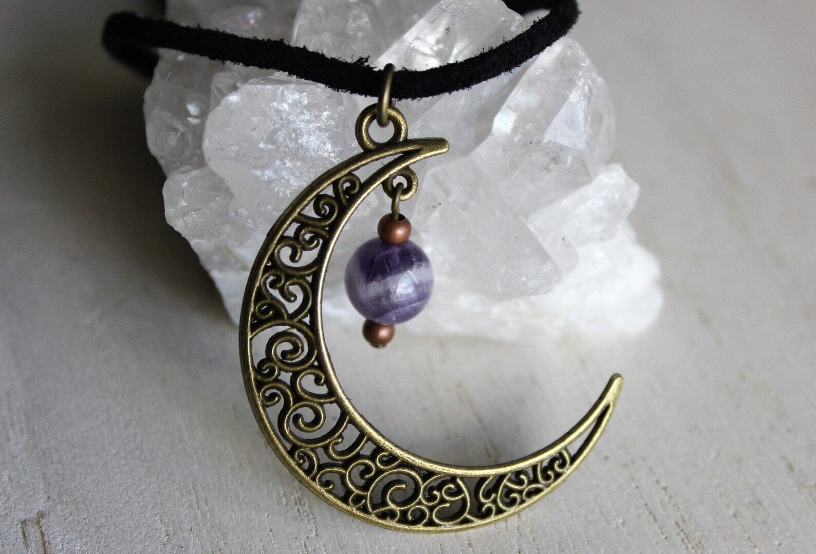 Amethyst Crystal Wire Wrapped Moon Gothic NecklaceNecklaceS4