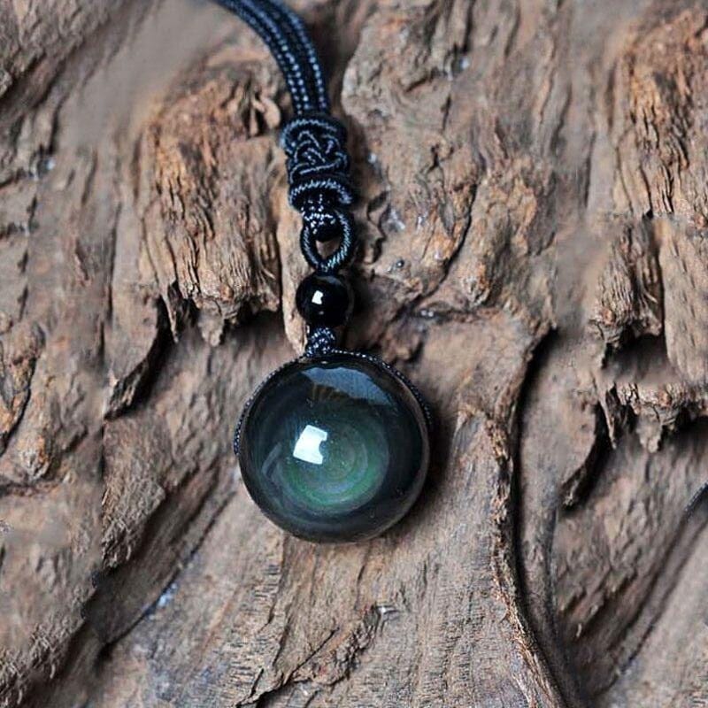 Natural Obsidian Rainbow Eye Transfer Good Luck Bead Pendant Polyester Rope Chain NecklaceNecklace14mm