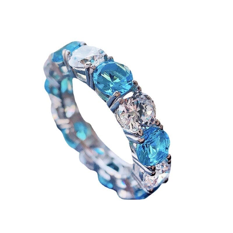 Round Cut Diamond and Aquamarine Ring - 925 Sterling SilverRing
