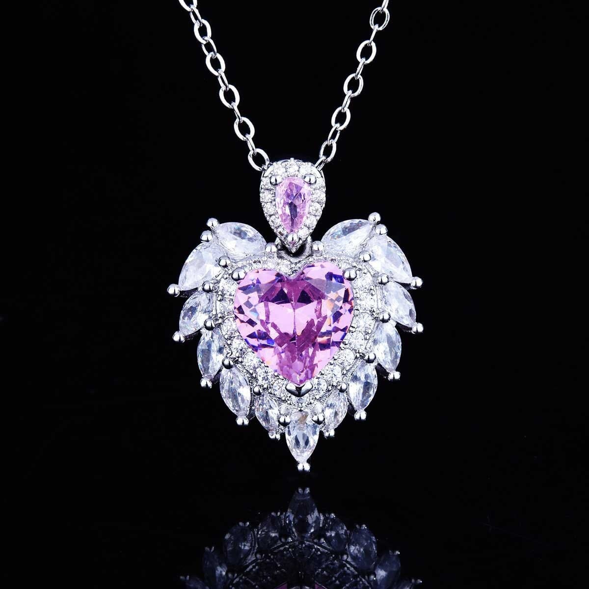 Luxury Temperament Design Angel Wing Simulated Aquamarine/ Amethyst Heart Necklace - 925 Sterling SilverNecklaceA