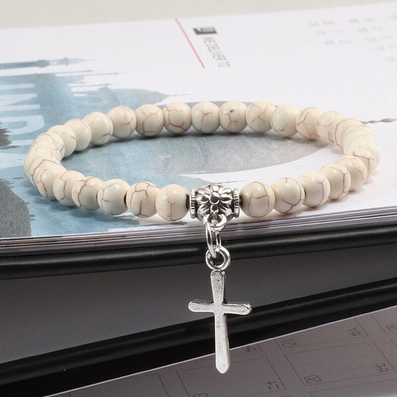 WWJD 6mm Boho Cross Natural Volcanic Stone BraceletBraceletYellow lines17cm