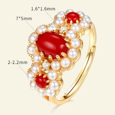 Luxury Red Coral Gold Color Pearl Flower Resizable Ring - 925 Sterling SilverRing