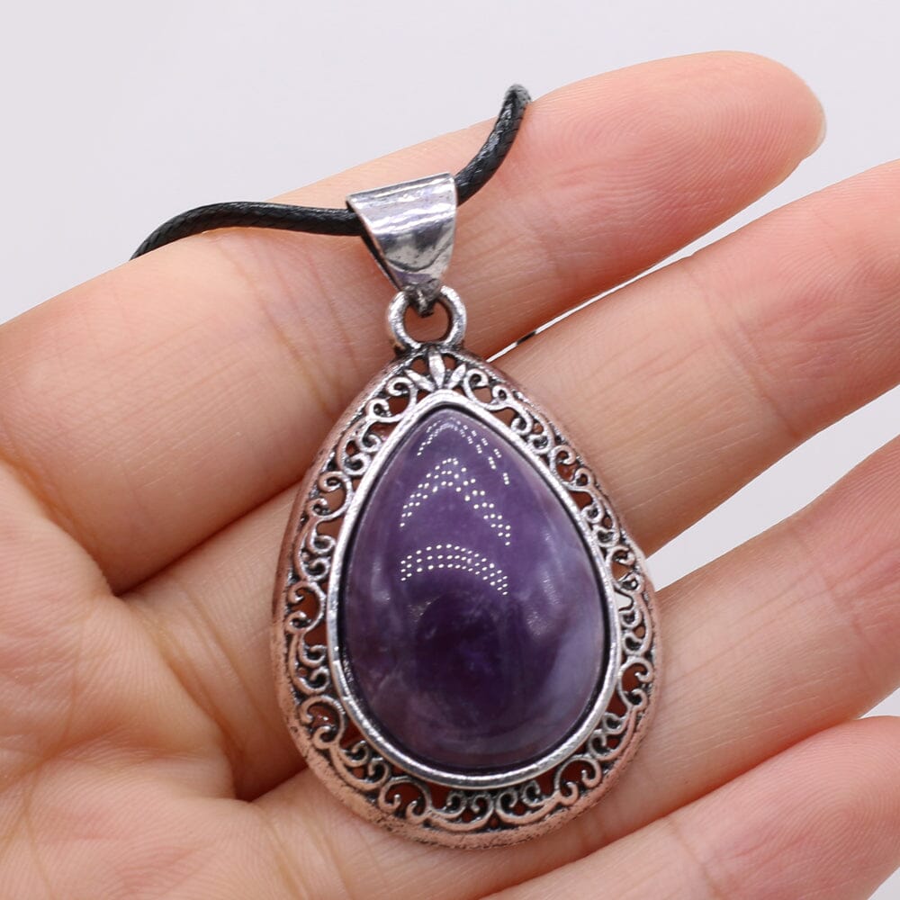 Natural Stone Water Drop Shape Pendant NecklaceHealing CrystalAmethyst