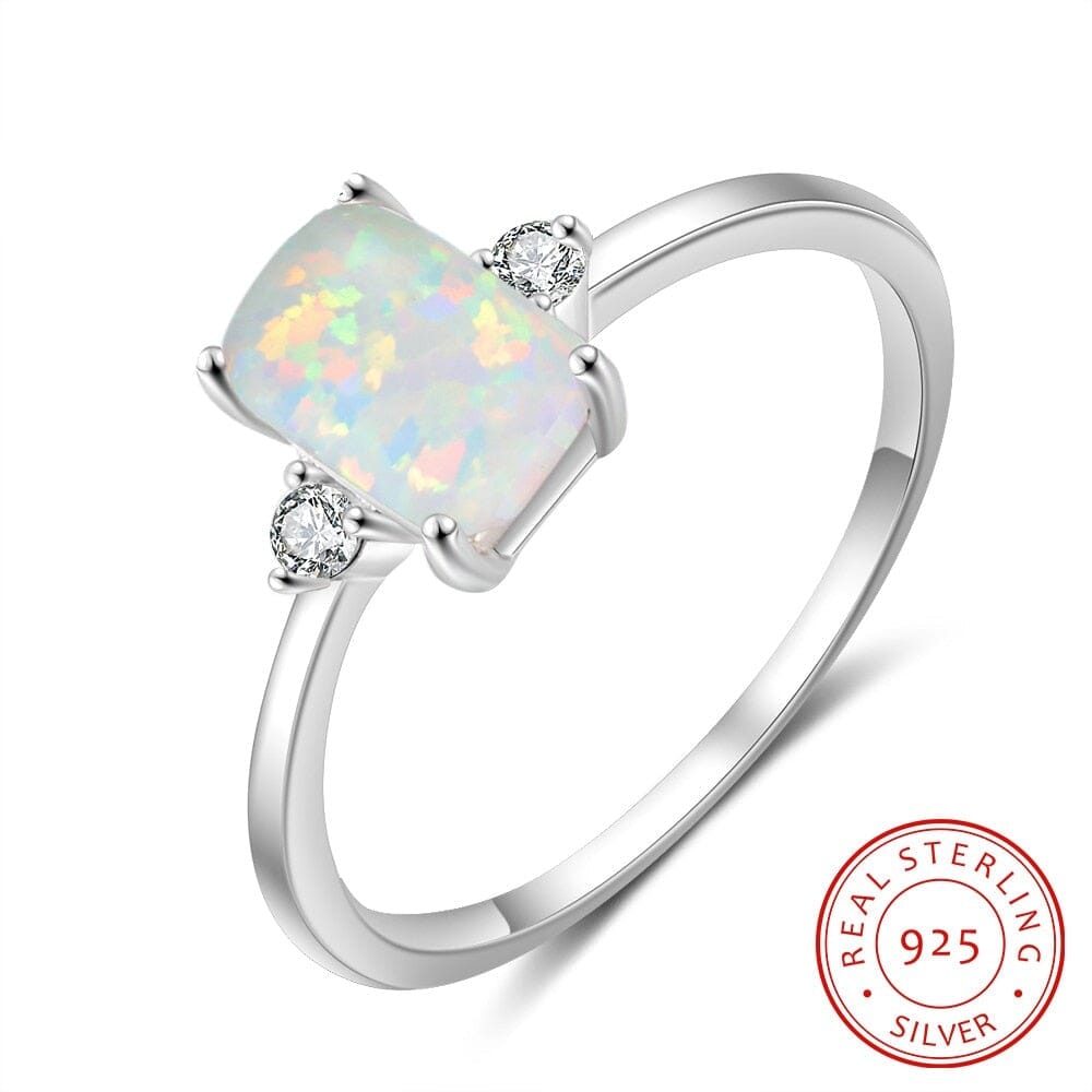 Rectangular Created White Fire Opal Hoop Ring - 925 Sterling SilverRing6