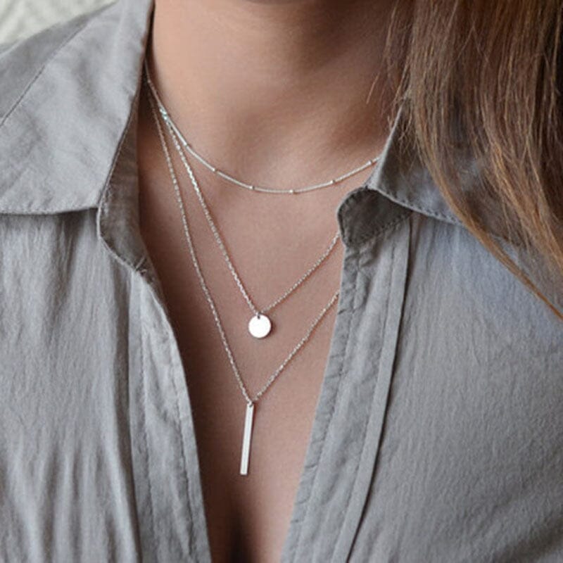 Simple Three Layer Shiny Long Bar Pendant Necklace - 925 Sterling SilverNecklace