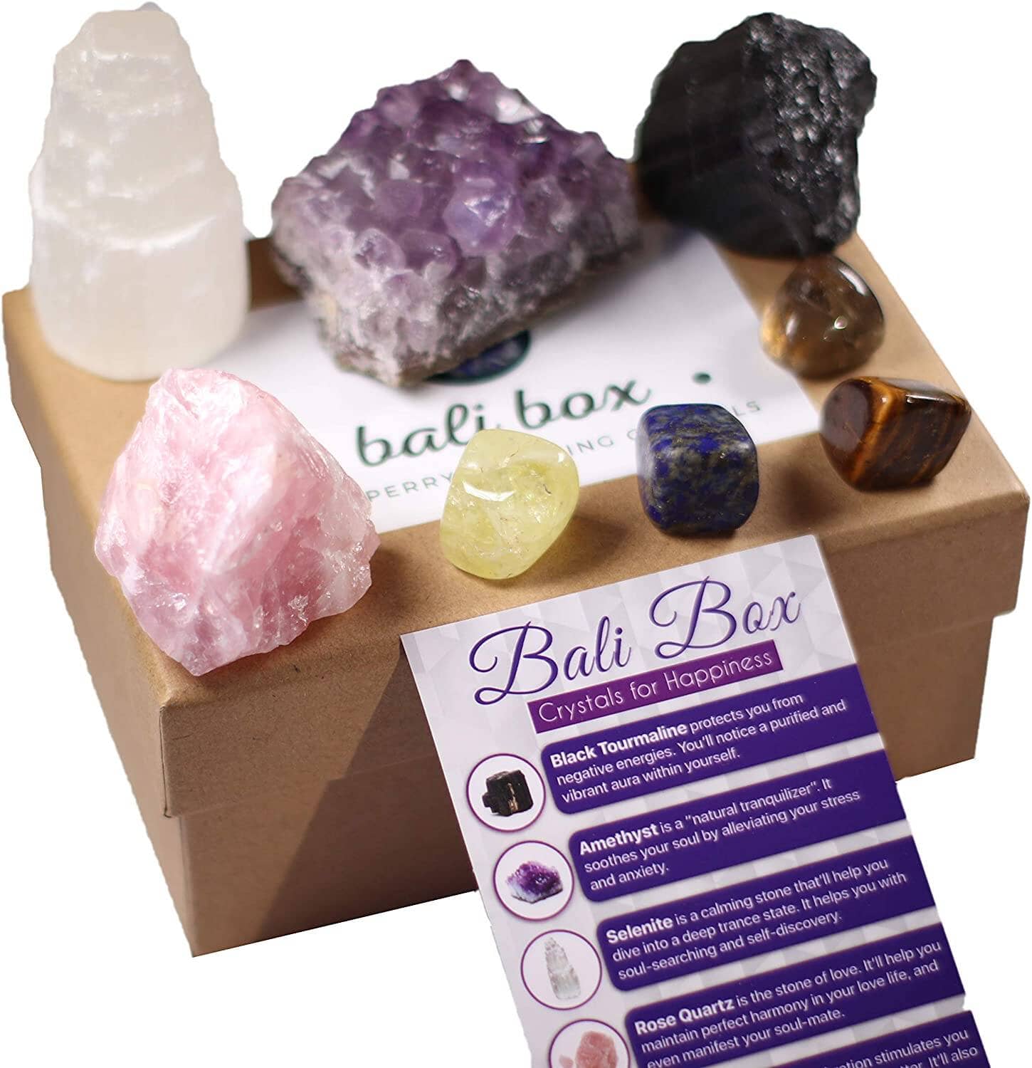 Bali Box Natural Chakra Crystals Tumbled & Raw Including Selenite, Amethyst, Lapiz Lazuli & Black Tourmalineraw stone