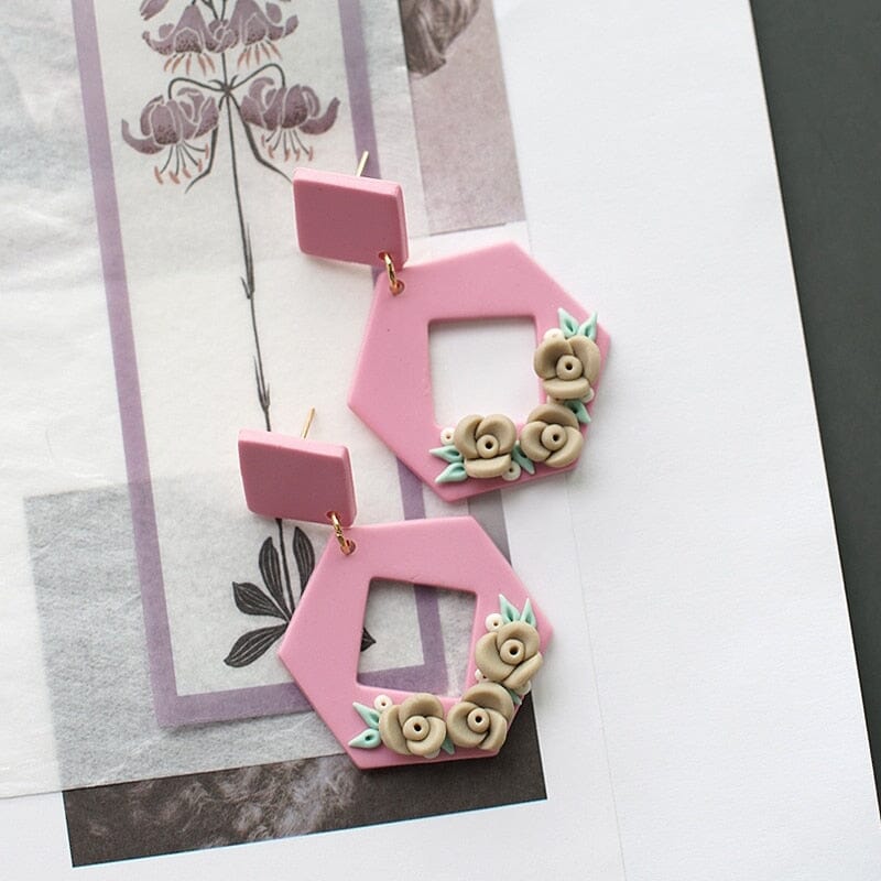Polymer Clay Pattern Floral Spring Summer Drop EarringsEarringspink hexagon