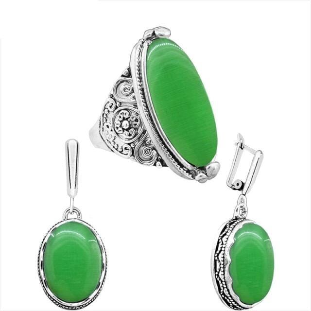 Fashionable Oval Opal Jewelry Set - Necklace, Earrings & RingJewelry SetEarring & Ring - Green8